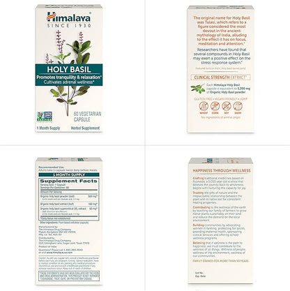 Himalaya Holy Basil Tulsi Herbal Supplement, Stress Relief, Relaxation, Occasional Sleeplessness, Promotes Calm, Energy Support, Ayurvedic, Non-GMO, Vegan, 720 mg, 60 Capsules, 30 Day Supply