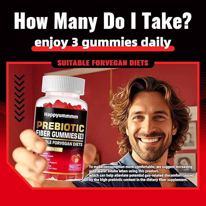 Prebiotic Fiber Gummies for Adults, 7G Extra Strength, Zero Sugar Added, 90 Pectin Based Gummies, Digestive Health & Regularity Support-Strawberry