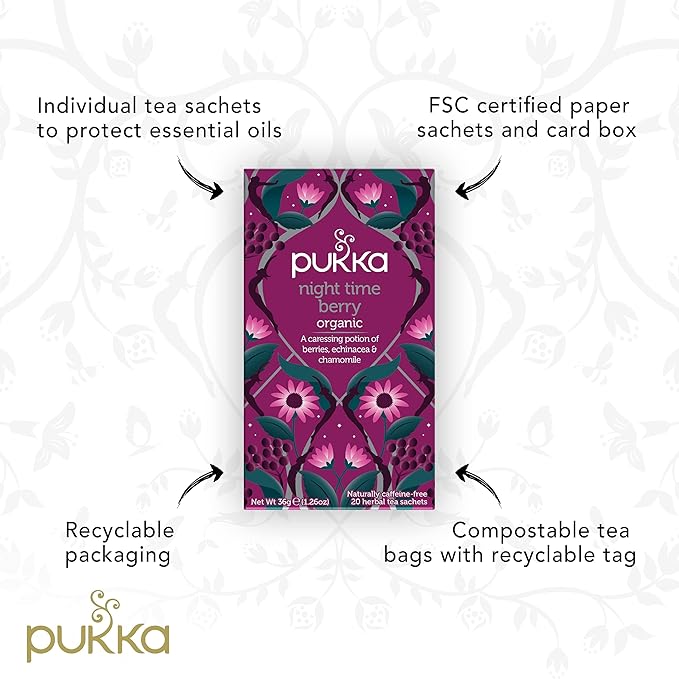 Pukka Organic Tea Bags, Night Time Berry Herbal Tea with Chamomile, Echinacea, and Elderberry, Perfect for Overnight Wellness, 20 Count (Pack of 3), 60 Tea Bags