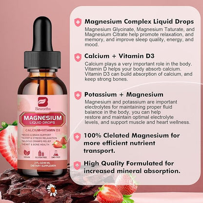 Magnesium Liquid Drop, Magnesium Glycinate Supplement Complex with Magnesium Taurate, Citrate, Calcium, Potassium, Vitamin, Zinc - Support Relaxation, Energy and Bowel Health