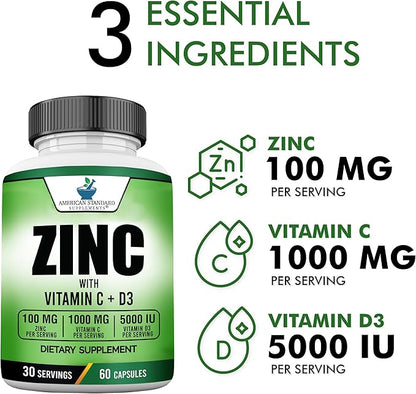 American Standard Supplements Zinc 100mg, Vitamin C 1000mg, and Vitamin D3 5000 IU (125mcg) Per Serving - Gluten Free, Non-GMO, 60 Capsules, 30 Servings