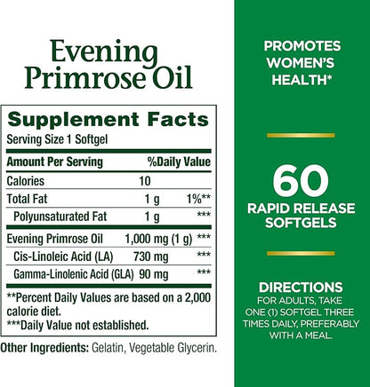 Nature's Bounty Evening Primrose Oil, Promotes Women's Health, 1000 mg Evening Primrose Oil, 60 Rapid Release Softgels