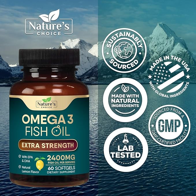 Triple Strength Omega 3 Fish Oil Supplement, EPA & DHA Fish Oil Omega 3 Essential Fatty Acids Supplement Softgels, 2400 mg Brain & Heart Health Support Supplements, Gluten Free, Non-GMO, 60 Softgels
