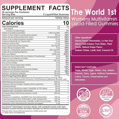 Womens Multivitamin Gummy with Iron, Biotin 2500mcg, Collagen, Keratin, Daily Vitamins A C D E Folate, B Complex, Methylated Multivitamin for Women Support Energy, Beauty, Immune, Sugar Free, 60 Cts