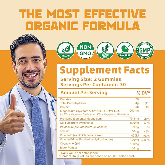 Magnesium Glycinate Gummies 1000mg - Sugar Free Magnesium Potassium Supplement with Vitamin D, B6, CoQ10 for Calm Mood & Sleep Support - 120 Orange Gummies