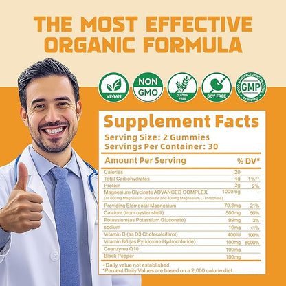 Magnesium Glycinate Gummies 1000mg - Sugar Free Magnesium Potassium Supplement with Vitamin D, B6, CoQ10 for Calm Mood & Sleep Support - 120 Orange Gummies.