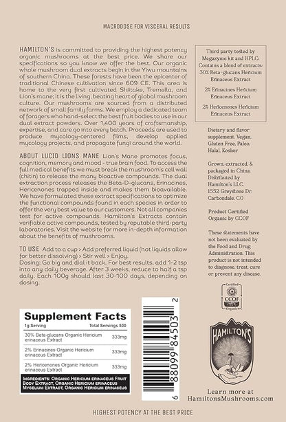 Hamilton’s Lucid Lion’s Mane | Organic Mushroom Extract Powder for Synapse Repair, Nerve Growth Factor, Focus, Memory, and Concentration | High Potency | 30% Beta Glucans | GF, Non-GMO, Vegan (500g)