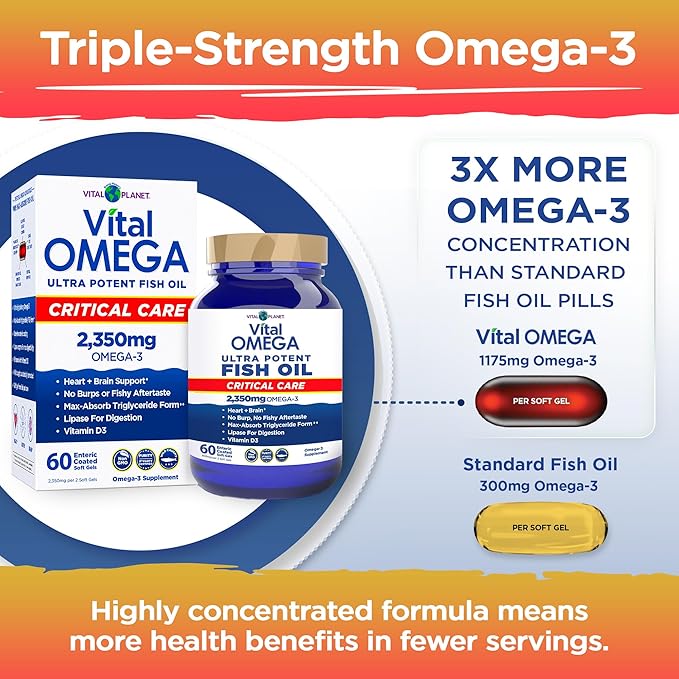 Vital Planet - Vital Omega 3 Fish Oil Critical Care Supplement with 2350mg of High Potency Wild Caught Omega 3 Fatty Acid Supplements EPA DHA and DPA for Heart Health 60 Softgels (Packaging May Vary)