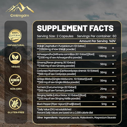 Shilajit Capsules - 20,000mg Pure Himalayan Organic Shilajit for Men & Women with Ashwagandha, Supports Vitality and Wellness, Premium Shilajit Pure Himalayan Supplement, 120 Capsules