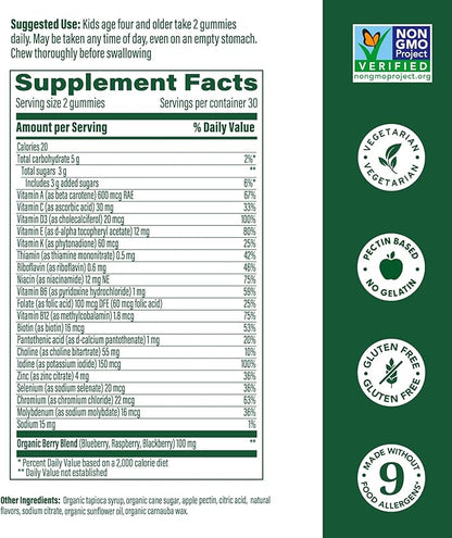 MegaFood Kids Multivitamin Gummies - Kids Vitamins - Age 4+ with Vitamin C, Vitamin D, Zinc, Choline, and Real Fruit - Brain & Immune Support - Berrylicious Flavor - 60 Gummies (30 Servings)