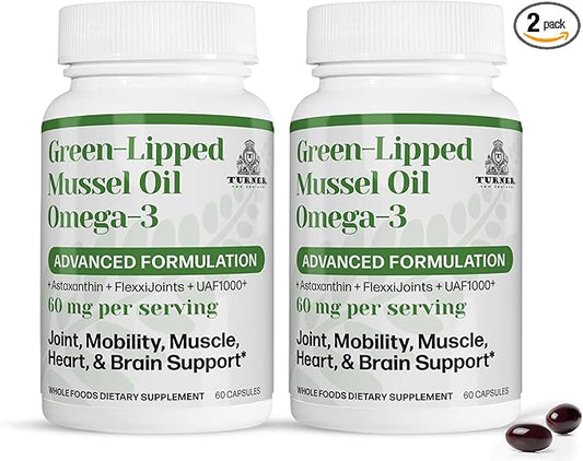 TURNER New Zealand Green Lipped Omega-3 Mussel Oil, 53x Higher Potency with UAF1000+ Super Antioxidant for Superior Joint Comfort & Mobility, No Fishy Aftertaste, 2 Bottles, 120 Softgels