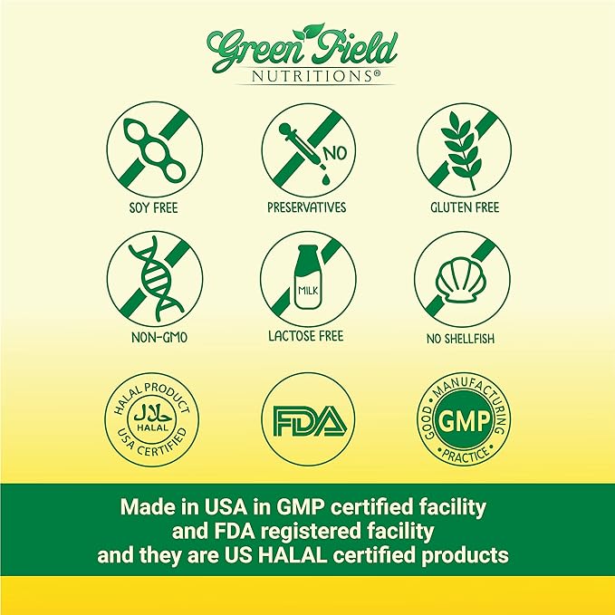 Greenfield Nutritions Halal Fish Oil 1000mg, 300mg Halal Omega 3, Small Wild Peruvian Fish Oil Halal Vitamins, EPA 180mg & DHA 120mg, Non-GMO, Gluten Free, Support Brain & Heart Health, 120 Pills