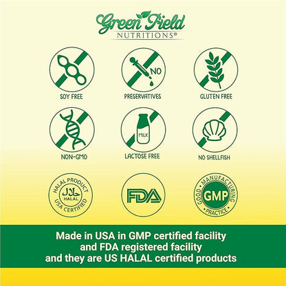 Greenfield Nutritions Halal Fish Oil 1000mg, 300mg Halal Omega 3, Small Wild Peruvian Fish Oil Halal Vitamins, EPA 180mg & DHA 120mg, Non-GMO, Gluten Free, Support Brain & Heart Health, 120 Pills