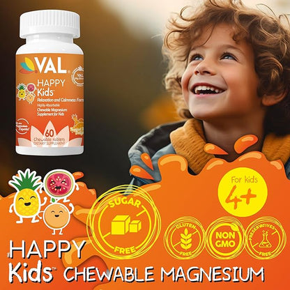 VAL Magnesium for Kids | High-Absorption Magnesium for Calm, Relaxation & Focus | Mg Glycinate, Citrate & Taurate | with Vitamin B6, D & C | Sugar-Free, Non-GMO | 60 Chewable Tablets
