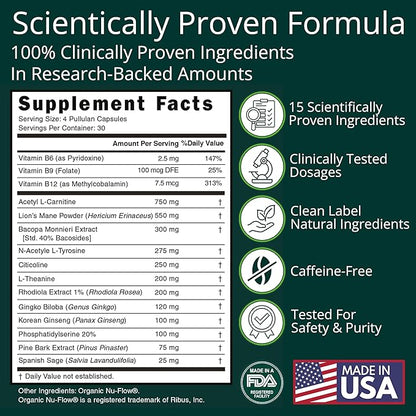Brain Supplement (120 Capsules) | Memory, Mental Clarity, Focus, Cognitive Performance | Nootropic Supplement with L-Theanine, Acetyl L-Carnitine, Phosphatidylserine, Lion's Mane & More