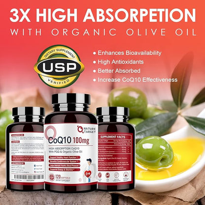 NATURE TARGET CoQ10-100mg-Softgels with 10mg PQQ - High Absorption Coenzyme-Q10 with Organic-Olive-Oil - Antioxidant for Heart & Brain Health, Cellular-Energy-Production, 120 Servings