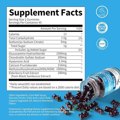 Glucosamine Chondroitin Gummies, 1500mg Glucosamine & 1000mg MSM per Serving, Joint Support Supplement for Adults, Elderberry Flavor, 45 Servings(Pack of 2)