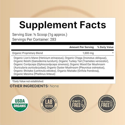 Organic 10-in-1 Mushroom Powder, 10oz | Lions Mane, Shiitake, Reishi, Turkey Tail, Chaga & More | Great Mushroom Supplement for Coffee | Energy, Immune Booster, & Brain Health Support | No Fillers