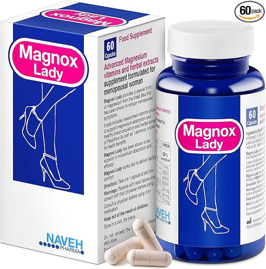MAGNOX Lady Magnesium Supplement | Menopause and PMS Support Supplement for Women | Magnesium Complex with Vitamins B6, B1, B12, D, Zinc | High-Absorption Dead Sea Organic | 60 Capsules