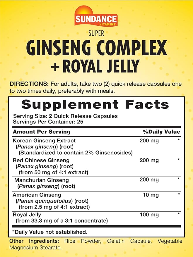 Sundance Super Ginseng Complex | with Royal Jelly | 50 Quick Release Capsules | Non-GMO and Gluten Free Traditional Herb Supplement