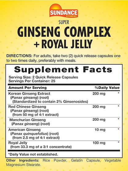 Sundance Super Ginseng Complex | with Royal Jelly | 50 Quick Release Capsules | Non-GMO and Gluten Free Traditional Herb Supplement