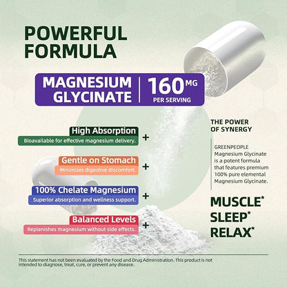 Magnesium Glycinate 800mg Chelated Supplement,160mg Magnesium Per Serving - 99% High Absorption - Supports for Muscle, Joint Health, Heart & Sleep - 180 Veggie Capsules