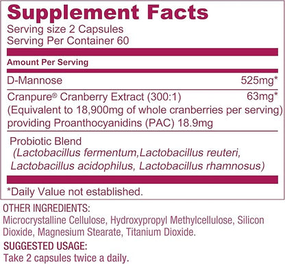 Lovita Women's Care Supplement with D-Mannose, Cranberry & Probiotics - Supports Urinary Tract Health, 120 Vegetarian Capsules