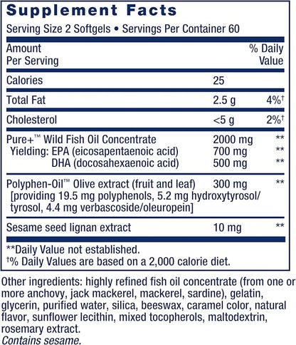 Super Omega-3 EPA/DHA Fish Oil, Sesame Lignans & Olive Extract - For Heart & Brain Health – For Inflammation & Cholesterol Management – Gluten-Free, Non-GMO – Lemon Flavor 120 Softgels