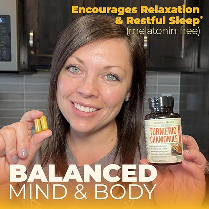 Turmeric Supplement & Chamomile Capsules for Sleep - Organic Turmeric Sleep Supplement with Chamomile Flowers Extract (Manzanilla) - Relaxation & Stress Support - Joint & Digestive Health. 60 Capsules