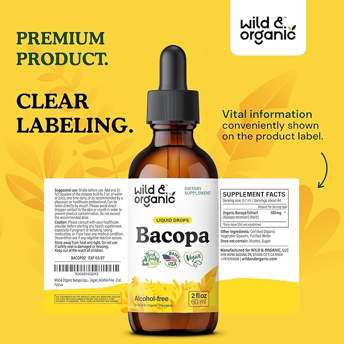 Wild & Organic Bacopa Tincture - Supports Calm, Focus, Clarity - Bacopa Monnieri Supplement Liquid - Alcohol-Free Drops with Brahmi Extract - Vegan, Sugar-Free - 2-Month Supply - 2 fl oz