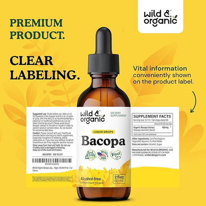 Wild & Organic Bacopa Tincture - Supports Calm, Focus, Clarity - Bacopa Monnieri Supplement Liquid - Alcohol-Free Drops with Brahmi Extract - Vegan, Sugar-Free - 2-Month Supply - 2 fl oz