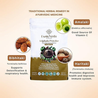 Organic Triphala Powder - Detox Cleanse for Lung, Liver, Colon, and Gut Health - Herbal Skin Care and Fiber Powder - Detox Ghrita and Triphala Organic India - 100g