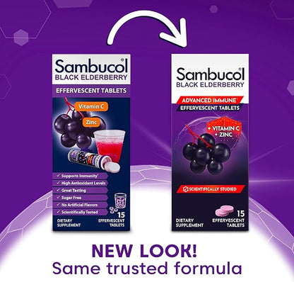 Sambucol Black Elderberry Tablets with Vitamin C & Zinc - Immune Support Supplement, Black Elderberry with Zinc and Vitamin C Effervescent Tablets, High Antioxidants, Drink Fizzies- 30 Count
