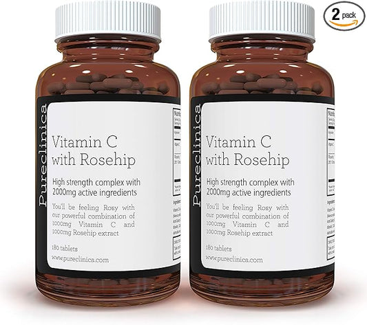 pureclinica Vitamin C with Rosehip – 2000mg (1000mg VIT C & 1000mg Rosehip Extract) x 360 Tablets – 1 Years Supply!