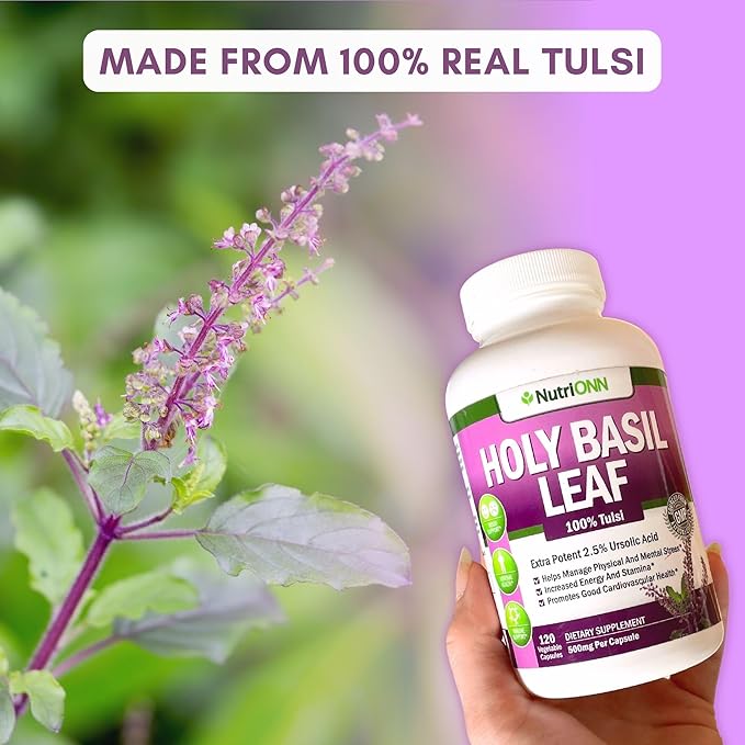 Holy Basil Leaf Capsules - 500mg - 2.5% Ursolic Acid - 120 Vegan Capsules - Real Tulsi Extract Supplement - Positive Mindset - Adaptogenic & Ayurvedic Herb