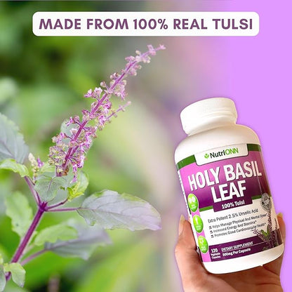 Holy Basil Leaf Capsules - 500mg - 2.5% Ursolic Acid - 120 Vegan Capsules - Real Tulsi Extract Supplement - Positive Mindset - Adaptogenic & Ayurvedic Herb