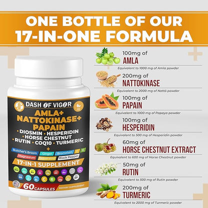Dash of Vigor 17-in-1 Amla Extract, Papain Supplement, Nattokinase Diosmin Hesperidin Supplement, CoQ10 with Turmeric Extract, Horse Chestnut Extract, Vitamin C and Rutin, USA, 60 Capsules