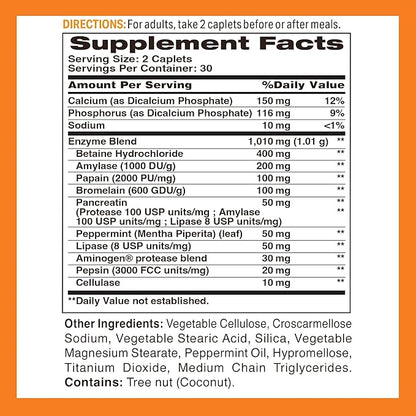 Vitamin World Digest-13 Multi-Enzyme, 1010mg Digestive Enzymes Blend with Amylase, Bromelain, Papain & Lipase for Digestion and Absorption, Digestive Enzymes for Bloating & Gas, 60 Caplets