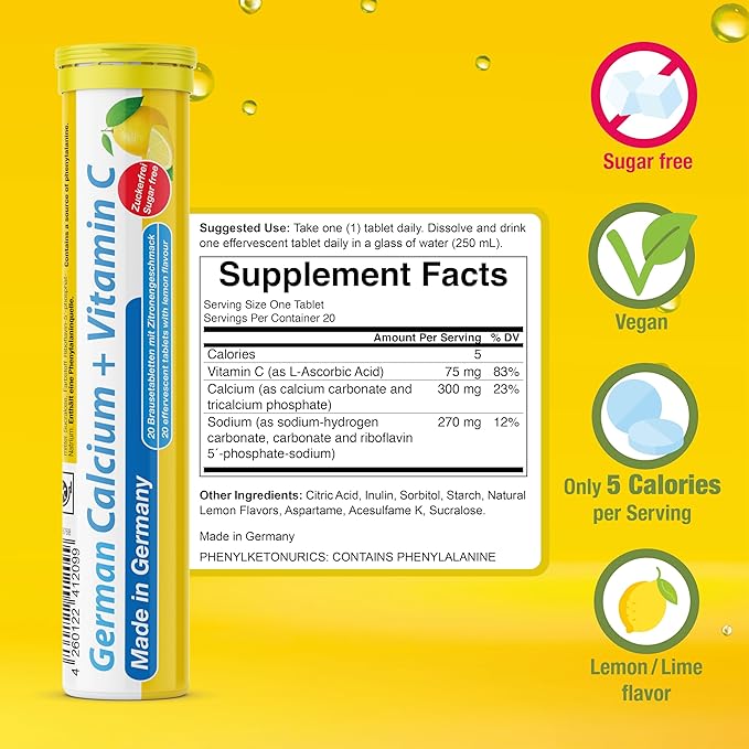 German Calcium + VIT. C - 100 Vegan Drink Effervescent Tablets - Lemon Lime Flavor - Made in Germany