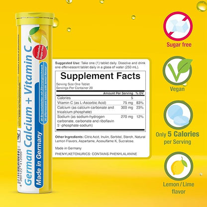 German Calcium + VIT. C - 100 Vegan Drink Effervescent Tablets - Lemon Lime Flavor - Made in Germany