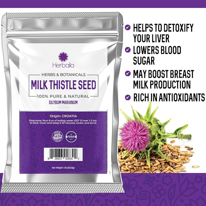 Herbaila Milk Thistle Seeds, 1 lb. Silymarin Milk Thistle Tea, Bulk Milk Thistle Herb Whole Seeds, Pure Milk Thistle Bulk, Whole Milk Thistle Seeds, All Natural, Gluten Free, Non-GMO. 1 Pound.
