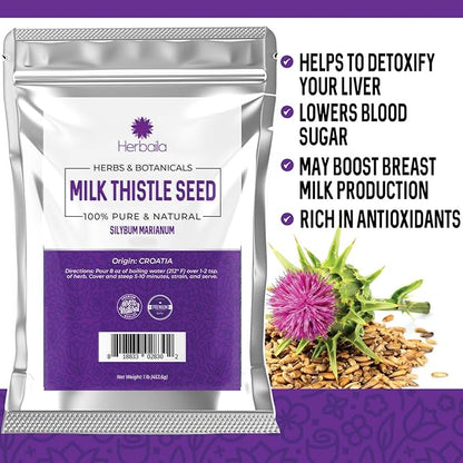 Herbaila Milk Thistle Seeds, 1 lb. Silymarin Milk Thistle Tea, Bulk Milk Thistle Herb Whole Seeds, Pure Milk Thistle Bulk, Whole Milk Thistle Seeds, All Natural, Gluten Free, Non-GMO. 1 Pound.