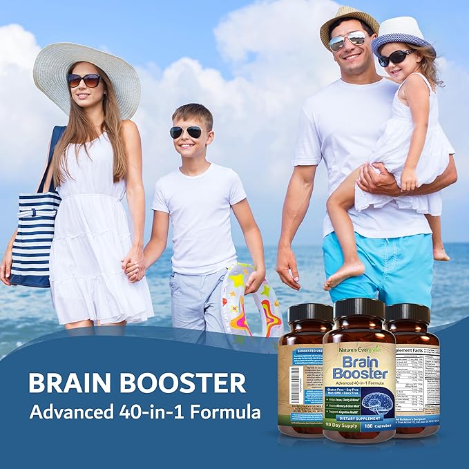 Brain Booster 40-in-1 Formula Supplement for Focus, Memory, Clarity, Energy | for Men & Women, Cognitive Function Nootropic Support with DMAE, Brain Health Formula | (180 Capsules - 90 Day Supply)