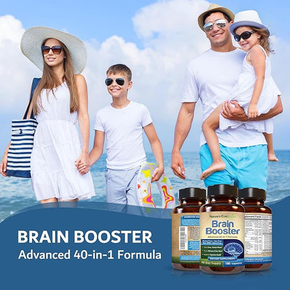 Brain Booster 40-in-1 Formula Supplement for Focus, Memory, Clarity, Energy | for Men & Women, Cognitive Function Nootropic Support with DMAE, Brain Health Formula | (180 Capsules - 90 Day Supply)