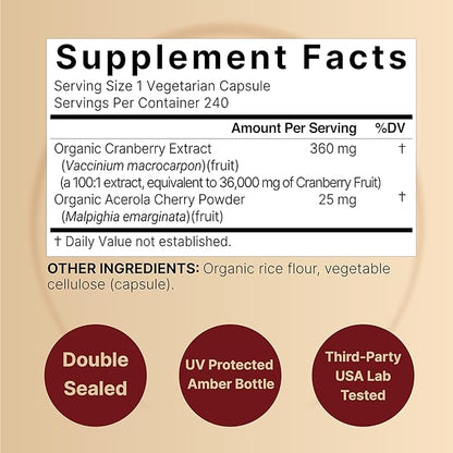 NatureBell 2 Pack Cranberry Pills 36,000mg with Acerola, 480 Total Veggie Capsules | 100:1 Fresh Cranberries Extract – Organic Ingredients – Supports Urinary Tract Health – Sugar Free