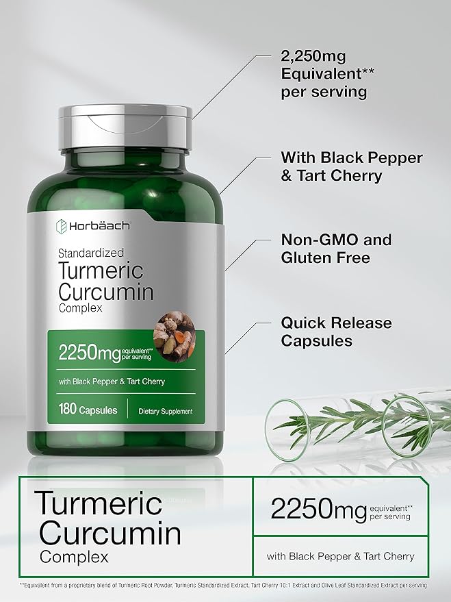Horbäach Turmeric Curcumin Supplement | 2250mg | 180 Capsules | with Black Pepper & Tart Cherry | Non-GMO & Gluten Free