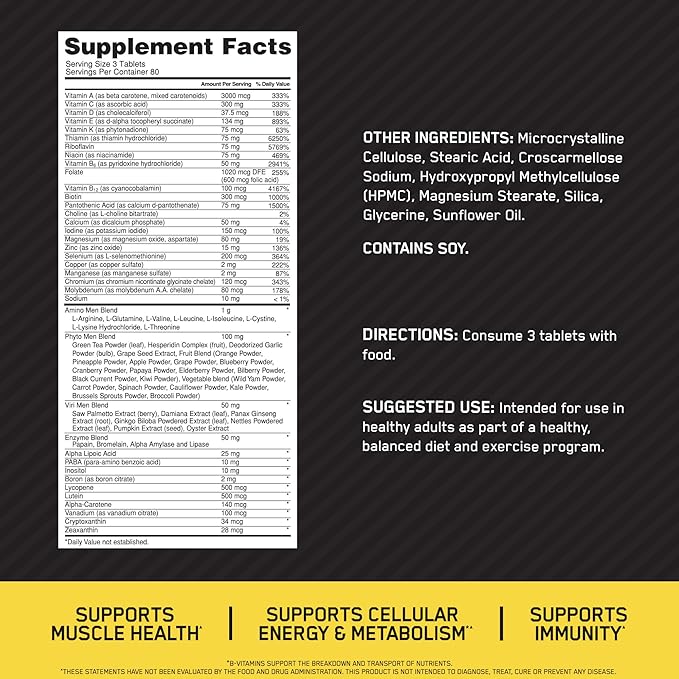 Optimum Nutrition Opti-Men Daily Multivitamin for Men, Immune Support Supplement with Amino Acids, 80 Day Supply, 240 Count, (Packaging May Vary)