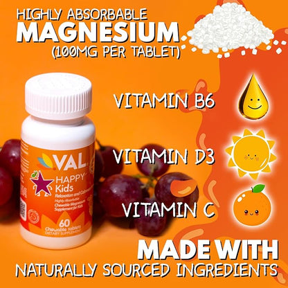 VAL Magnesium for Kids | High-Absorption Magnesium for Calm, Relaxation & Focus | Mg Glycinate, Citrate & Taurate | with Vitamin B6, D & C | Sugar-Free, Non-GMO | 60 Chewable Tablets