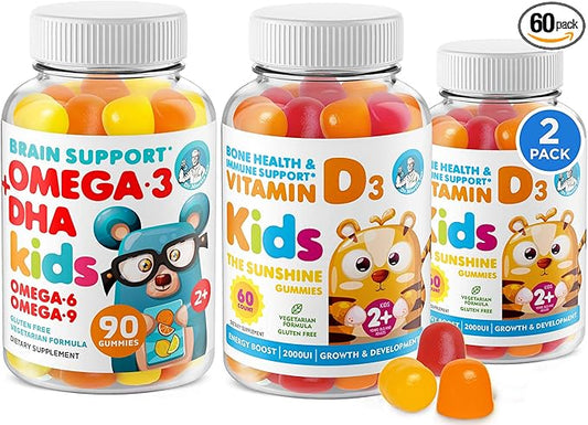 Omega 3 DHA Gummies and Vitamin D Gummies for Kids & Adults - No Fish Oil and Gluten Free Immune Health Plant Based Fiber Chewable