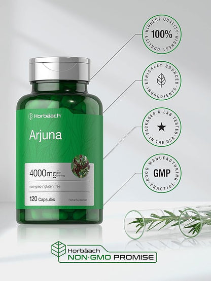 Horbaach Arjuna Capsules 4000mg | 120 Count | Non-GMO, Gluten Free | from Arjuna Bark Herb Extract